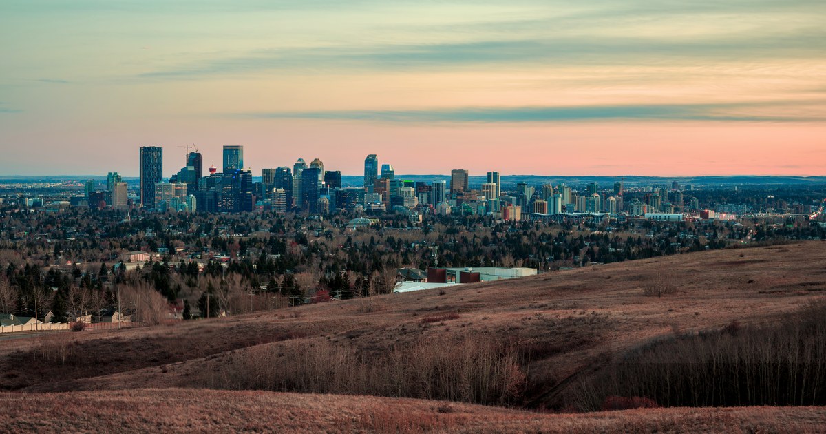 Calgary city skyline at sunset, Alberta, Canada