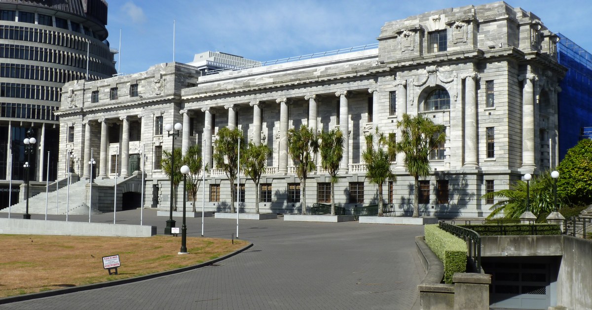 New Zealand Parliament buildings and the Beehive in Wellington under a clear sky