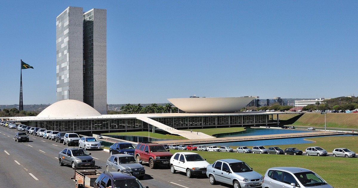 Brazil National Congress building in Brasilia with the national flag